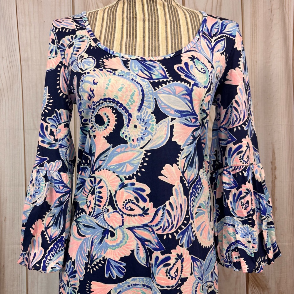 Lilly Pulitzer Carlile Sheath Dress Bell Sleeves High Tide Holy Flockamolie Sz S - Picture 4 of 16